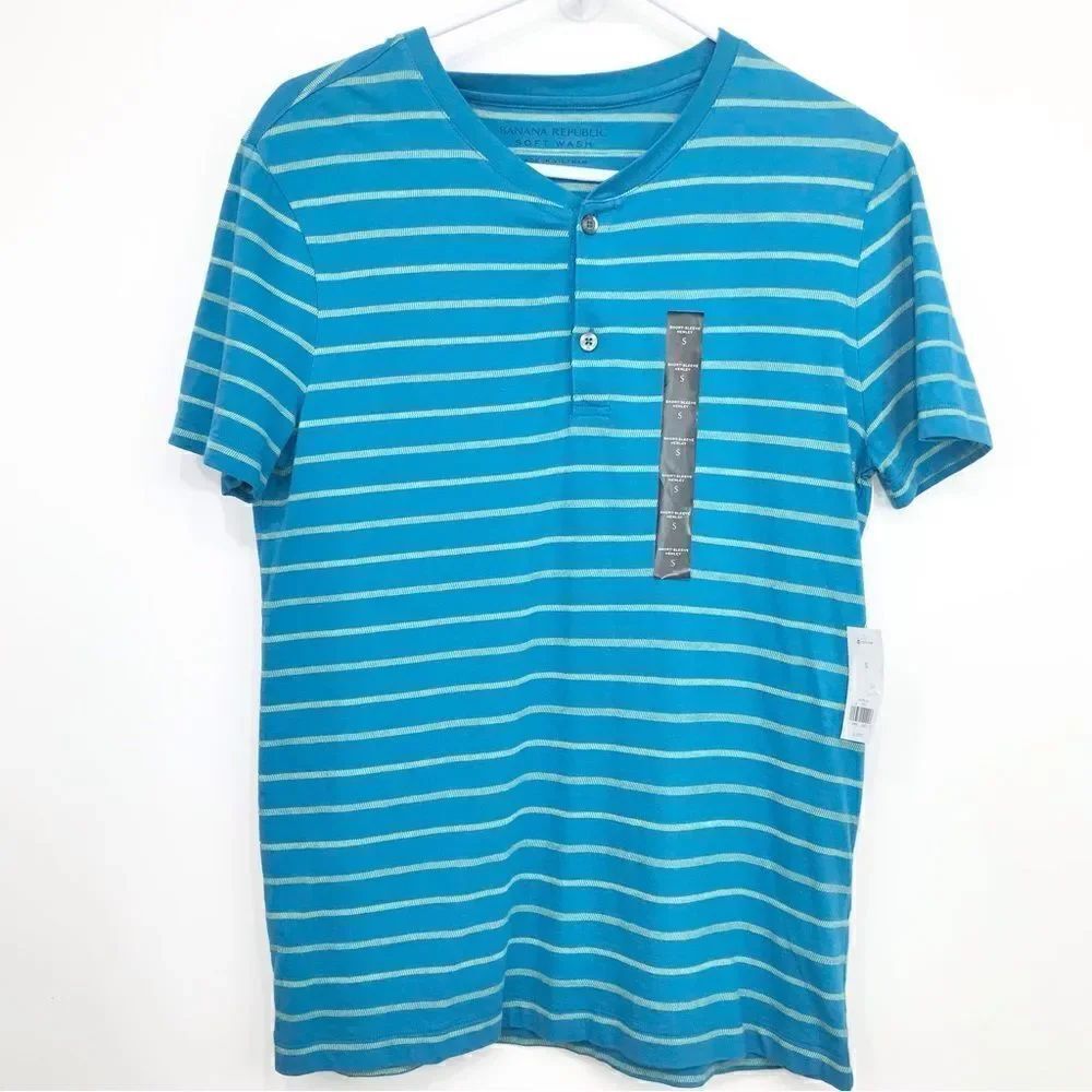 Banana Republic Soft Wash Teal Blue Striped Short Sleeve Henley Shirt